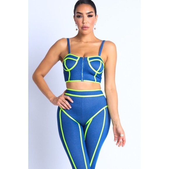 Tops - Women Neon Binding Detailed Denim Zip up Bra Top and Pants Set